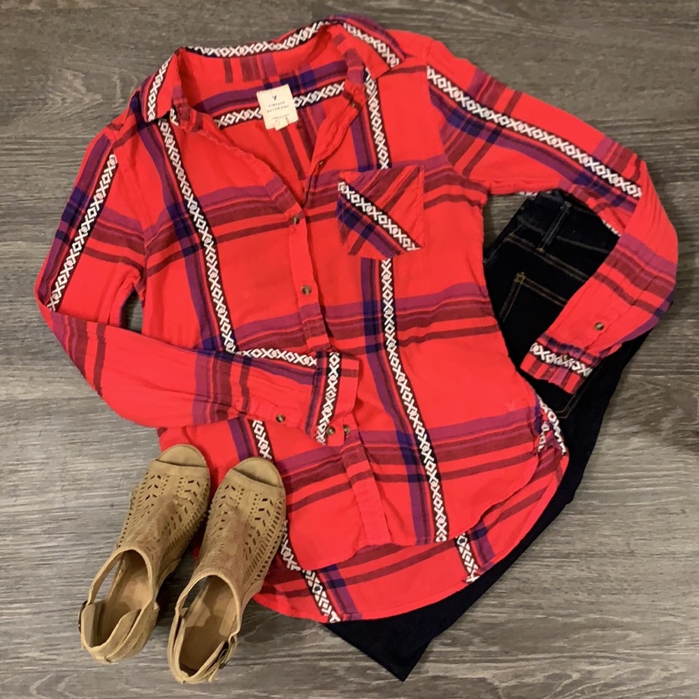 Flannel American Eagle Button-Down with embroidery details